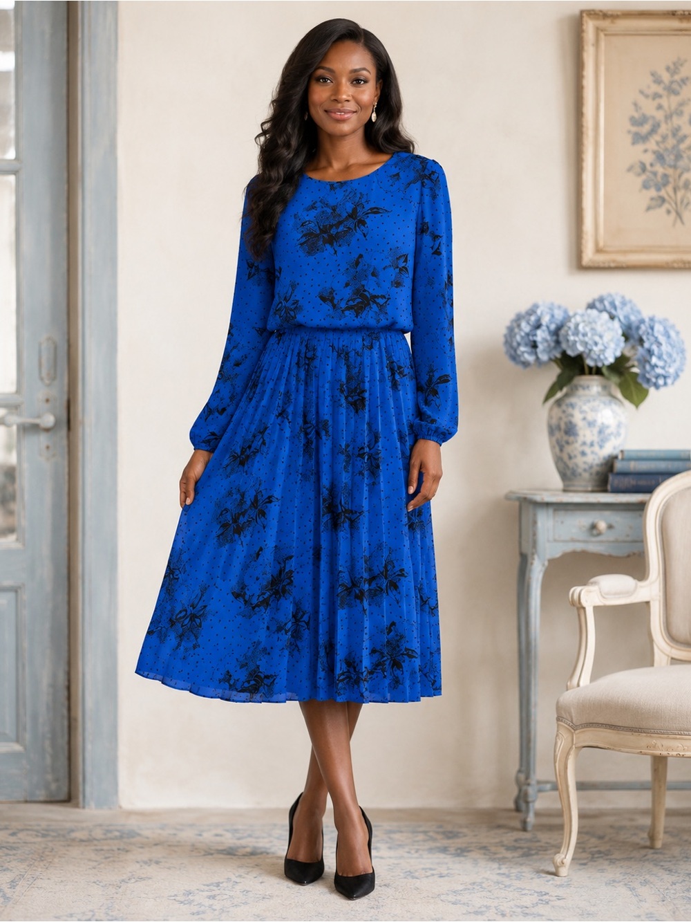 1980s Breli Originals Blue Floral Pleated Long Sleeve Midi Dress 14